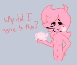 1girls 2d addison_(deltarune) artistic_nude deltarune earrings embarrassed female flat_chest front_view full_frontal hair_down holding_object long_nose nude nude_female pink_addison_(deltarune) pink_body pink_hair pink_skin pussy simple_background tea_pot vagina