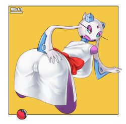 5_fingers areola asian_clothing ass bent_over big_butt blue_eyes breasts camel_toe clothed clothing east_asian_clothing eyelashes female fingers froslass generation_4_pokemon genital_outline hand_on_butt hi_res humanoid humanoid_hands japanese_clothing kimono long_eyelashes looking_back mitiz-art nintendo pokeball pokemon pokemon_(species) purple_body pussy_outline rear_view simple_background solo thick_thighs white_background white_body white_clothing white_kimono wide_hips yellow_background yellow_sclera