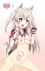 animal_ear_fluff animal_ears azur_lane bottomless breasts breasts_out claw_pose clothes_lift cowgirl_position cowgirl_position crop_top cum cum_in_pussy deep_penetration female fingerless_gloves gloves grey_hair heart heart-shaped_pupils highres internal_cumshot long_hair medium_breasts ohno orgasm overflow ribbon sex shirt_lift straddling symbol-shaped_pupils tail vaginal_penetration wolf_ears wolf_girl wolf_tail x-ray yuudachi_(azur_lane)