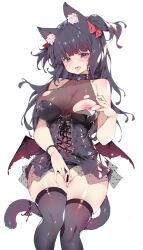 \||/ absurdres animal_ear_fluff animal_ears avatar_(ff14) bangs bar_censor bat_wings between_legs black_hair black_panties black_ribbon black_thighhighs blush breasts cat_ears cat_girl cat_tail censored cleavage clothing_aside corset covered_navel cowboy_shot facial_mark female final_fantasy final_fantasy_xiv grey_eyes hair_ribbon hand_between_legs heart heart-shaped_pupils highres large_breasts lingerie long_hair looking_at_viewer low_wings miqo'te mole mole_under_eye nipples one_breast_out open_mouth original panties panties_aside pussy pussy_juice red_ribbon ribbon simple_background solo symbol-shaped_pupils tail tail_ornament tail_ribbon thigh_gap thighhighs thighs tongue tongue_out torn_clothes two_side_up underwear wedgie whisker_markings white_background wings zhazhapao