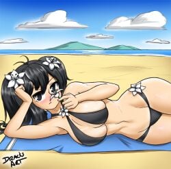 1girls arm_support artist_name beach big_breasts bikini black_bikini black_eyes black_hair blush breasts busty cleavage dracksart female female_only fubuki_(senran_kagura) large_breasts legs looking_at_viewer lying marvelous navel ocean senran_kagura sensual solo swimsuit thighs twintails voluptuous water