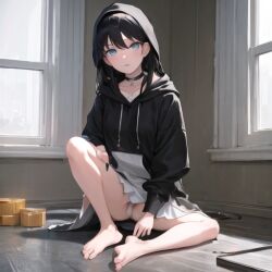 1girls choker clothing detailed eyes feet female female_only ground hair hoodie house inside legs light lighting oversized pussy revealing sitting skirt solo underskirt vagina window young