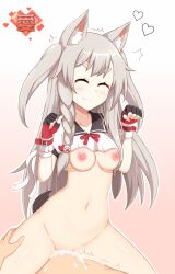 animal_ear_fluff animal_ears azur_lane bottomless breasts breasts_out claw_pose closed_eyes clothes_lift cowgirl_position cowgirl_position crop_top cum cum_in_pussy cum_pool deep_penetration female fingerless_gloves gloves grey_hair happy_sex heart highres light_smile long_hair ohno overflow ribbon sex shirt_lift straddling tail wolf_ears wolf_girl wolf_tail yuudachi_(azur_lane)