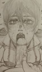 1boy 1girls blush bra breasts cum cum_on_face fellatio gritty_hotdog_(artist) hand_on_penis heart long_hair looking_at_viewer open_mouth original_character sweat traditional_media_(artwork)