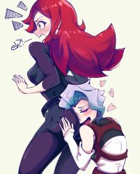 2girls ass ass_grab ass_worship chariot_du_nord croix_meridies face_in_ass little_witch_academia long_hair medium_breasts pale-skinned_female pale_skin pink_hair red_eyes red_hair shiny_chariot short_hair skin_tight surprised toasty_scones ursula_callistis yuri