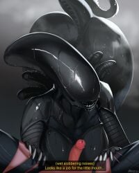 1boy1girl 2023 alien alien_(franchise) alien_girl ass big_ass biped black_body breasts claws dialogue digital_media_(artwork) duo english_text erection eyeless female female_xenomorph finger_claws first_person_view genitals hi_res human human_pov humanoid_genitalia humanoid_penis light-skinned_male magnetus male male/female male_pov mammal penis saliva talking_to_viewer text wet wet_body wide_hips xenomorph