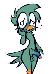 2023 anthro avian balls beak bird blush dogguyd eyewear feathers fur genitals glasses green_body green_feathers green_fur green_hair green_tail hair humanoid_genitalia humanoid_penis male original_character penis red_beak solo tail yellow_beak