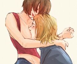 1boy 1girls bizzaroren blonde_hair breast_sucking breasts_out brown_hair closed_eyes colored_sketch eileen_galvin female male no_bra short_hair silent_hill silent_hill_4 smile stubble tank_top walter_sullivan