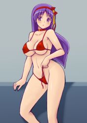 1girls athena_asamiya big_breasts bikini breasts busty cleavage female female_only highres king_of_fighters large_breasts legs long_hair navel parted_lips purple_eyes purple_hair red_bikini snk solo swimsuit tan tanline thighs tsumitani_daisuke untied untied_bikini