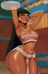 1girls armpits arms_above_head arms_up big_lips black_hair breasts brunette chel dark-skinned_female dark_skin dreamworks english_text female female_only hands_behind_head hime_cut hourglass_figure innie_belly_button lips long_hair looking_at_viewer moshimashi plump_lips shiny_skin solo text the_road_to_el_dorado thick_ass thick_lips thick_thighs thighs toned_stomach wide_hips