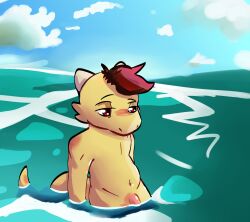 anthro blush bored bored_expression genitals hair half-closed_eyes hi_res kobold male narrowed_eyes penis red_eyes red_hair solo solo_focus swimming swimwear_removed water whattheflix yellow_body