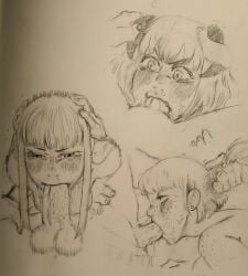 1boy 3girls blush fellatio freckles grabbing_hair grabbing_horns gritty_hotdog_(artist) hands_on_head horn long_hair original_character rough_oral short_hair sloppy sweat traditional_media_(artwork)