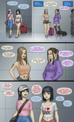 4girls airport brown_hair comic comic_page dialogue english english_text female female_only funny hoodie light-skinned_female madabalone midriff multiple_girls nipple_bulge part_1 ponytail shorts standing tattoo text_on_clothing