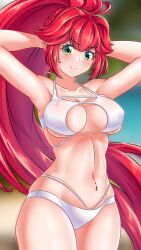 1girls armpits arms_behind_head big_breasts bikini breasts busty cleavage corsairzero11 female female_only green_eyes highres large_breasts long_hair looking_at_viewer navel navel_piercing original piercing ponytail pose posing red_hair sensual sexy_armpits smile solo swimsuit very_long_hair white_bikini