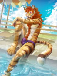 absurd_res anthro biped bulge clothed clothing countershade_fur countershade_torso countershading dipstick_tail ear_piercing ear_ring fangs felid fur hi_res male mammal markings pantherine partially_submerged piercing ring_piercing sabertooth_(anatomy) shynjy solo striped_body striped_fur stripes swimming_pool swimwear tail tail_markings teeth tiger