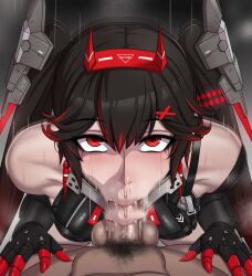 1boy 1girls armor black_hair blush censored dark-skinned_male dark_skin fellatio female hairpin hairy headgear horns_hairband kneeling lucia_(punishing:_gray_raven) male mascara mascara_tears motion_blur motion_lines nude nude_male oral oral_sex punishing:_gray_raven red_eyes red_hair rikka robot_girl saliva spread_legs steam sweat twintails two_tone_hair