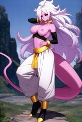 ai_generated android_21 android_21_(evil) black_sclera breasts breasts_out colored_sclera dragon_ball elf_ears high_heels long_ears long_hair majin majin_android_21 pink_body pink_skin red_eyes tail white_hair