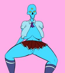 3_eyes alien alien_humanoid anterior_nasal_aperture anus bald big_breasts blue_body blue_clothing blue_footwear blue_socks bone bottomwear breasts clothing dark_samus female footwear genitals goo_creature goo_humanoid helmetless_dark_samus hi_res humanoid knee_highs knee_socks legwear looking_at_viewer metroid metroid_prime miniskirt multi_eye nintendo presenting pussy red_bottomwear red_clothing red_skirt school_uniform skirt skull skull_head smile smiling_at_viewer socks solo spread_legs spreading uniform unknown_artist yellow_eyes