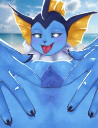 2023 anthro anus blue_body blue_pussy digital_media_(artwork) eeveelution female fingers generation_1_pokemon genitals hi_res ksenik nintendo outside pokemon pokemon_(species) pussy solo spread_pussy spreading tongue tongue_out vaporeon