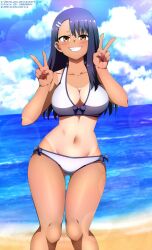 1girls artist_name beach big_breasts bikini blue_hair blush breasts busty cleavage double_v female female_only grin hayase_nagatoro highres iharuluna_(artist) large_breasts legs long_hair looking_at_viewer navel ocean please_don't_bully_me,_nagatoro smile swimsuit tan thighs v voluptuous water