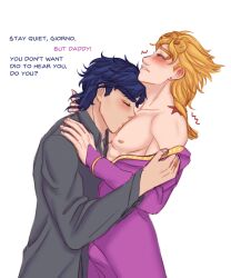 2boys birthmark blonde_hair blue_hair blush bulge english_text father_and_son floofypinky gay giorno_giovanna incest joestar_birthmark jojo's_bizarre_adventure jonathan_joestar male male_focus multiple_boys nipples pectorals phantom_blood shirt toned toned_male undressing undressing_another vento_aureo yaoi