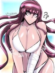 1girls 2023 artist_name artist_signature bandage beach beach_background big_breasts bikini boobs breasts brown_eyes cleavage danganronpa danganronpa_2 danganronpa_2:_goodbye_despair danganronpa_s:_ultimate_summer_camp eyebrows eyebrows_visible_through_hair eyelashes eyelashes_visible_through_hair female female_focus female_only large_breasts light_skin long_hair looking_at_viewer purple_hair question_mark reflection reflective_body reflective_skin sand sea sky solo solo_focus spicezeros straight_hair super_danganronpa_2 surprised swimsuit text tsumiki_mikan white_bikini white_bikini_bottom white_bikini_top