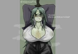 1girls adoniasfra angry_face big_breasts cum_on_breasts deepwoken dialogue disembodied_penis duke_erisia_(deepwoken) english_text forced_paizuri green_eyes green_hair green_skin paizuri rape roblox roblox_game rule_63 self_upload tagme twitter_username