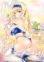 1girls ass big_ass big_breasts blonde_hair blue_eyes breasts cecilia_alcott drink female female_only heels highres infinite_stratos kneeling large_breasts legs leotard long_hair looking_at_viewer looking_back playboy_bunny rabbit_ears rabbit_tail sideboob smile solo thighs traditional_media voluptuous waitress