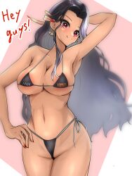 1girls arm_behind_head armpit bare_midriff bare_shoulders belly_button big_breasts bikini black_bikini black_hair blush cleavage earrings english_text exposed_shoulders exposed_torso hand_on_hip hi_res highres latina midriff mole mole_under_eye nail_polish navel nijisanji nijisanji_en red_eyes red_nails scarle_yonaguni sharp_fingernails solo solo_female solo_focus string_bikini text text_on_clothing tmk virtual_youtuber wavy_hair