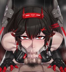 1boy 1girls armor black_hair blush censored dark-skinned_male dark_skin fellatio female hairpin hairy happy headgear horns_hairband kneeling lucia_(punishing:_gray_raven) male mascara mascara_tears motion_blur motion_lines nude nude_male oral oral_sex punishing:_gray_raven red_eyes red_hair rikka robot_girl saliva snot snot_bubble spread_legs steam sweat twintails two_tone_hair