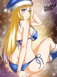 1girls arm_support artist_name ass big_ass big_breasts bikini blue_eyes blush breasts busty cecilia_alcott christmas female female_only hat highres infinite_stratos large_breasts legs looking_at_viewer looking_back open_mouth santa_hat sideboob sitting swimsuit thighs