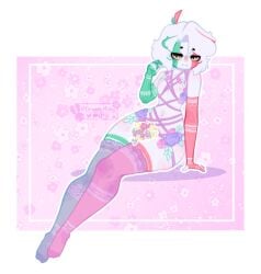 1boy censored countryhumans dream_moky femboy flower_background flower_on_chest flower_on_the_body lingerie mexico_(countryhumans) short_hair stockings white_hair