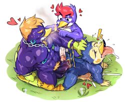 3boys ace_(animal_crossing) ahe_gao all_fours anal anal_sex animal_crossing anthro avian beak big_dom_small_sub big_penis bird blue_body blue_feathers bodily_fluids clenched_teeth cum cum_while_penetrated cumshot doggy_style dominant drooling drugs ejaculation erection feathers from_behind_position gay genital_fluids genitals group hair heart hearts hexdisciple hi_res high-angle_view huge_cock humanoid_genitalia humanoid_penis jacques_(animal_crossing) jay_(animal_crossing) kneeling looking_pleasured male male/male male_penetrated male_penetrating male_penetrating_male marijuana muscular muscular_anthro muscular_male nintendo nipple_piercing nipple_ring nipples open_beak open_mouth orange_hair penetration penile penile_penetration penis penis_in_ass penis_size_difference piercing precum red_hair ring_piercing saliva sex size_difference smoke stomach_bulge sweat teeth tongue tongue_out trio trio_focus