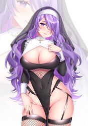 1girls absurdres alternate_costume banglinh1997 blush breasts camilla_(fire_emblem) cleavage female female_only fire_emblem fire_emblem_fates habit hair_over_one_eye highres large_breasts lips long_hair looking_at_viewer nintendo nun purple_eyes purple_hair see-through_headwear smile solo thick_thighs thighs very_long_hair wavy_hair