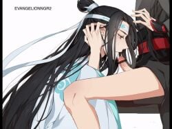 animated bishonen black_hanfu blowjob canon_couple cum cum_covered_penis cum_on_face ejaculation erection gay gay_sex hands_on_face hanfu lan_wangji long_hair_male male_only mo_dao_zu_shi penis sweat sweating wei_wuxian white_hanfu yaoi