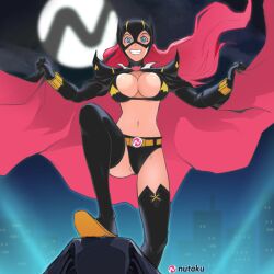 2022 batgirl_(cosplay) big_breasts blue_eyes cape cleavage dc_comics dynamic_pose gotham_city long_hair long_pink_hair looking_at_viewer nutaku nutaku-tan pink_hair