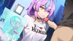 1boy 1girls aino_(robolife) barance_studio blue_hair choker computer heterochromia penis penis_out pink_hair purple_eyes robolife-days_with_aino robot_girl straight technology text_on_shirt yellow_eyes