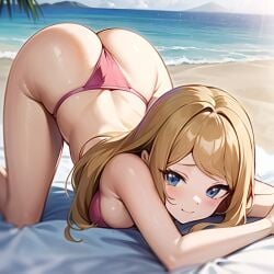 1girls 2d ai_generated ass beach bikini blonde_hair blue_hair blush color female female_only kujai light-skinned_female light_skin nai_diffusion nintendo outdoors outside pink_bikini pokemon serena_(pokemon) serena_(pokemon_games) solo stable_diffusion