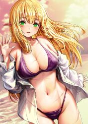 1girls bare_shoulders beach bikini blonde_hair blush boroboro_no_elf-san_o_shiawaseni_suru_kusuri_uri-san braid cleavage elf elf_ears female female_focus gibagiba gluteal_fold green_eyes highres large_breasts long_hair looking_at_viewer ocean open-mouth_smile pointy_ears reszurre scar shirt side_braid skindentation smile swimsuit white_shirt