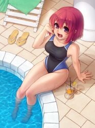 :d bangs bare_shoulders barefoot breasts collarbone commentary cup drinking_glass drinking_straw english_commentary female flip-flops full_body hair_between_eyes hand_up highres kushieda_minori large_breasts looking_at_viewer monorus one-piece_swimsuit open_mouth pink_eyes pink_hair pool sandals short_hair sitting smile solo swimsuit thighs toradora! water water_drop wet