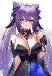 1girls alternate_breast_size bangs bare_shoulders black_choker blush breasts choker cleavage double_bun dress eternity_(shadeh) female female_only genshin_impact gradient_background hair_ornament hair_twirling highres keqing_(genshin_impact) keqing_(opulent_splendor)_(genshin_impact) large_breasts long_hair looking_at_viewer official_alternate_costume purple_eyes purple_hair solo twintails