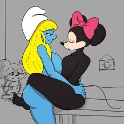 big_breasts blonde_hair blue_skin breasts cheating cuckold dezmine21 female leg_lock mickey_mouse minnie_mouse pink_bow smurfette yuri