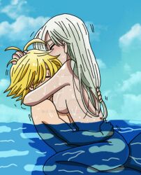 1boy 1girls big_breasts blonde_hair completely_nude elizabeth_liones female grey_hair kissing male meliodas nanatsu_no_taizai nude_male_nude_female outside the_seven_deadly_sins vaginal_penetration