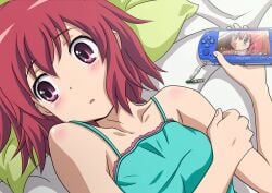 anime_coloring bare_shoulders bed_sheet blush commentary_request dress face female frilled_dress frills handheld_game_console holding_own_arm kushieda_minori lying open_mouth pillow playing_games playstation_portable purple_eyes red_hair short_hair solo toradora! translated wingheart