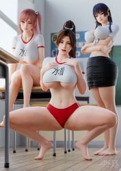 3d 3girls akiryo akiyamaryo barefoot big_ass big_breasts black_hair brown_eyes brown_hair classroom cleavage clothed clothing crossed_arms crouching dead_or_alive dead_or_alive_5 dead_or_alive_5_last_round desk fatal_fury feet female female_only gym_uniform honoka_(doa) king_of_fighters long_hair looking_at_viewer looking_from_above mai_shiranui nipple_bulge nyotengu panties pencil_skirt pink_eyes pink_hair ponytail purple_eyes school_desk school_uniform schoolgirl_uniform shirt side_ponytail sitting sitting_on_desk sitting_on_table skirt smile smiling smiling_at_viewer snk sportswear spread_legs squatting standing tecmo tied_shirt underboob wide_hips