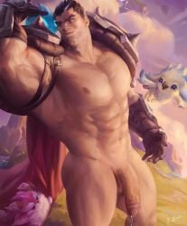 1boy abs absurdres armor ass azalien bara bich_hoan bichhoan black_gloves black_hair closed_mouth darius_(league_of_legends) flaccid furyhorn gay gloves highres large_pectorals league_of_legends male male_focus male_only multicolored_hair muscular muscular_male navel nipples nude outdoors pectorals penis scar scar_across_eye scar_on_face short_hair shoulder_armor shoulder_spikes solo spikes sunset teamfight_tactics thick_thighs thighs two-tone_hair white_hair yaoi