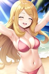 ai_generated beach belly_button bikini blond_hair blonde blonde_female blonde_hair blonde_hair_female blush feet_out_of_frame female female_only hands_above_head hands_in_air hands_in_the_air happy kujai legs_out_of_frame light_beam long_hair nai_diffusion nintendo outdoors outside palm_tree pokemon serena_(pokemon) serena_(pokemon_games) smiling solo stable_diffusion sun_beams thigh_out_of_frame thighs_out_of_frame