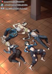 2boys 2girls abs bare_midriff black_hair blonde_hair breasts cleavage cleavage_cutout closed_eyes confettish female fire_emblem fire_emblem_fates group_sleeping large_breasts male medium_breasts midriff multiple_boys multiple_girls muscular muscular_male nintendo npc sarashi short_hair sleeping smooth_skin sweat sweaty the_dark_mangaka topless