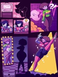 2d androgynous android annoyed audience big_nipples breasts chair chara coffee coffee_mug color comic crowd curvaceous curvy drinking fat_ass female female_human flexibility ghost human human_female hyper_thighs leg_lift lightbulb live_tv mettaton mettaton_ex microphone mirror possession robot rolling_eyes shirt_lift showing_off singlesalt smile sound_effects sparkles stage tagme television television_screen thick_thighs thigh_boots um... undertale undertale_(series) voluptuous