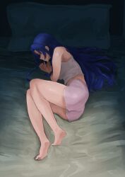 absurdres bare_arms bare_legs barefoot bed_sheet blue_hair commentary dolphin_shorts female fetal_position from_above full_body highres kawashima_ami long_hair lying midriff on_side pillow pink_shorts praticatan000 praticatan000 profile shirt short_shorts shorts sleepwear sleeveless sleeveless_shirt soles solo stomach straight_hair strap_gap toradora! very_long_hair white_shirt